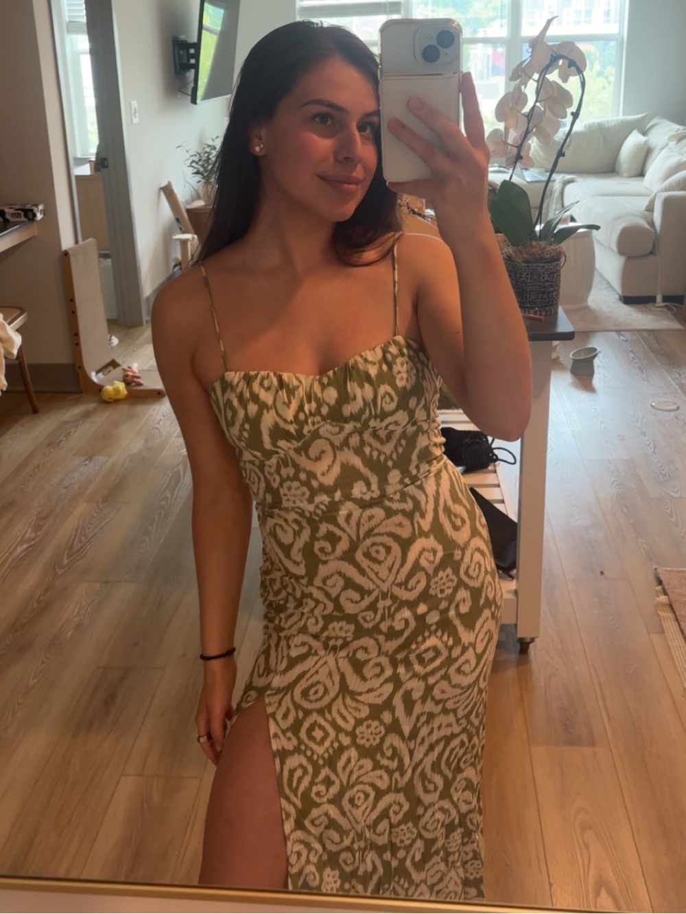Zara Green Patterned Midi Dress with Side Slit